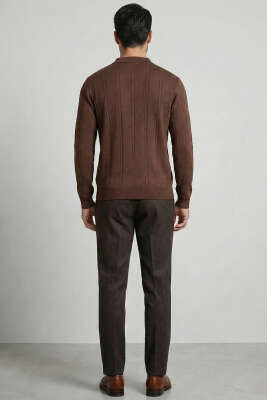 Polo Yaka Sarmal Çizgili Erkek Kazak Kahve - Erkek Kazak