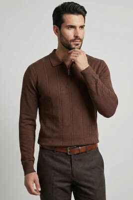 Polo Yaka Sarmal Çizgili Erkek Kazak Kahve 