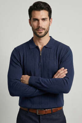 Polo Yaka Sarmal Çizgili Erkek Kazak Lacivert 