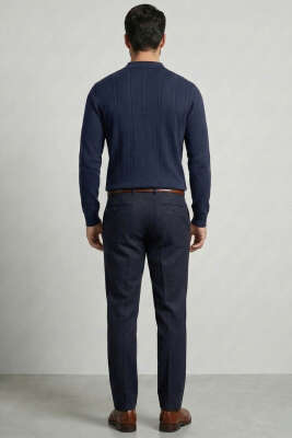 Polo Yaka Sarmal Çizgili Erkek Kazak Lacivert - Erkek Kazak