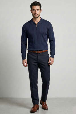 Polo Yaka Sarmal Çizgili Erkek Kazak Lacivert - Erkek Kazak