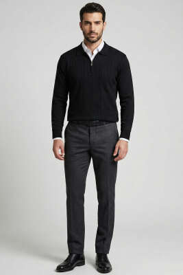 Polo Yaka Sarmal Çizgili Erkek Kazak Siyah - Erkek Kazak