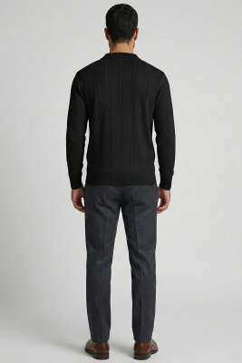 Polo Yaka Sarmal Çizgili Erkek Kazak Siyah - Erkek Kazak