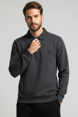 Polo Yaka Selanik Pamuklu Sweatshirt Antrasit 