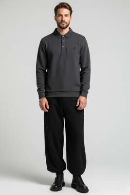 Polo Yaka Selanik Pamuklu Sweatshirt Antrasit - Erkek Sweatshirt