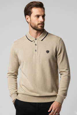 Polo Yaka Selanik Pamuklu Sweatshirt Bej - HİT TİME