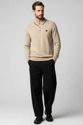 Polo Yaka Selanik Pamuklu Sweatshirt Bej - Erkek Polo Yaka Tişört
