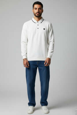 Polo Yaka Selanik Pamuklu Sweatshirt Ekru - Erkek Sweatshirt