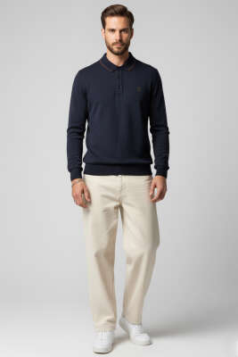 Polo Yaka Selanik Pamuklu Sweatshirt Lacivert - Erkek Sweatshirt