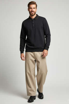 Polo Yaka Selanik Pamuklu Sweatshirt Siyah - Erkek Sweatshirt