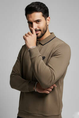 Polo Yaka Selanik Pamuklu Sweatshirt Vizon 