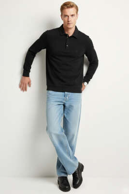 Polo Yaka Selanik Sweat Siyah - Erkek Sweatshirt
