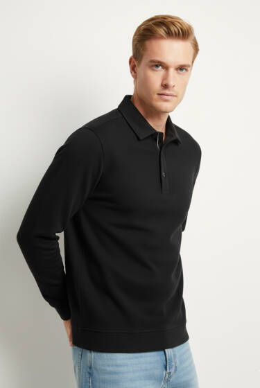 Polo Yaka Selanik Sweat Siyah - Erkek Sweatshirt