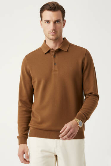 Polo Yaka Selanik Sweat Taba - Erkek Sweatshirt