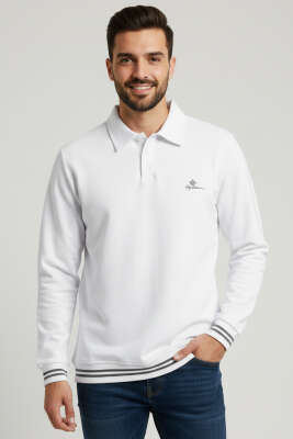 Polo Yaka Şeritli Düğmeli Erkek Sweatshirt Beyaz 