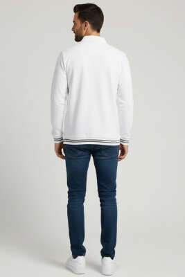 Polo Yaka Şeritli Düğmeli Erkek Sweatshirt Beyaz - Erkek Polo Yaka Tişört