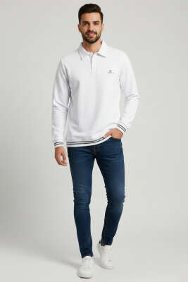 Polo Yaka Şeritli Düğmeli Erkek Sweatshirt Beyaz - Erkek Polo Yaka Tişört