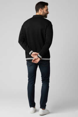 Polo Yaka Şeritli Düğmeli Erkek Sweatshirt Siyah - Erkek Polo Yaka Tişört