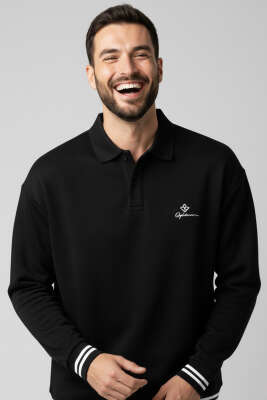 Polo Yaka Şeritli Düğmeli Erkek Sweatshirt Siyah - Erkek Polo Yaka Tişört