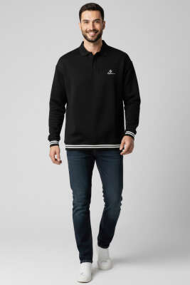 Polo Yaka Şeritli Düğmeli Erkek Sweatshirt Siyah - Erkek Polo Yaka Tişört