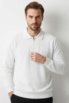 Polo Yaka Triko Fermuarlı Erkek Sweatshirt Ekru 