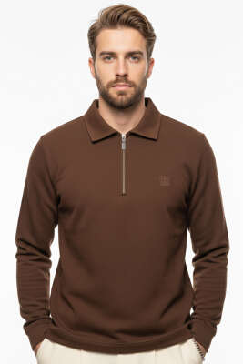 Polo Yaka Triko Fermuarlı Erkek Sweatshirt Kiremit - Erkek Polo Yaka Tişört