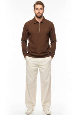 Polo Yaka Triko Fermuarlı Erkek Sweatshirt Kiremit - Erkek Sweatshirt