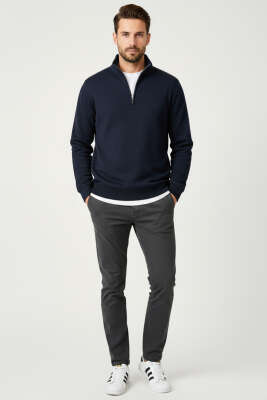 Polo Yaka Triko Fermuarlı Erkek Sweatshirt Koyu Lacivert - Erkek Polo Yaka Tişört
