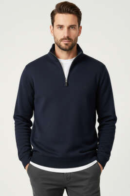 Polo Yaka Triko Fermuarlı Erkek Sweatshirt Koyu Lacivert 