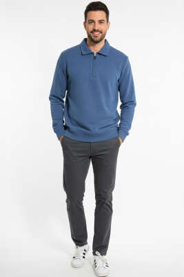 Polo Yaka Triko Fermuarlı Erkek Sweatshirt Mavi - Erkek Polo Yaka Tişört