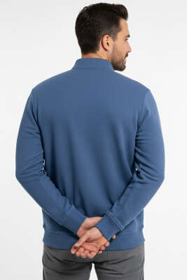 Polo Yaka Triko Fermuarlı Erkek Sweatshirt Mavi - Erkek Polo Yaka Tişört