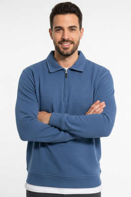 Polo Yaka Triko Fermuarlı Erkek Sweatshirt Mavi 