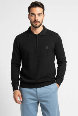 Polo Yaka Triko Fermuarlı Erkek Sweatshirt Siyah 