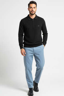 Polo Yaka Triko Fermuarlı Erkek Sweatshirt Siyah - Erkek Polo Yaka Tişört