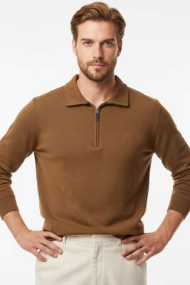 Polo Yaka Triko Fermuarlı Erkek Sweatshirt Taba - BESSE