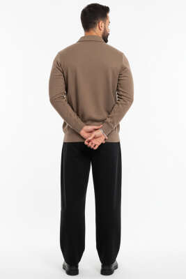 Polo Yaka Triko Fermuarlı Erkek Sweatshirt Vizon - Erkek Polo Yaka Tişört