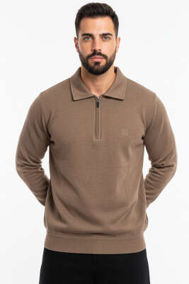 Polo Yaka Triko Fermuarlı Erkek Sweatshirt Vizon - BESSE