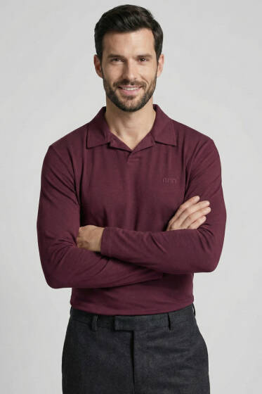Polo Yaka Uzun Kol Erkek T-shirt Bordo - Erkek T-shirt
