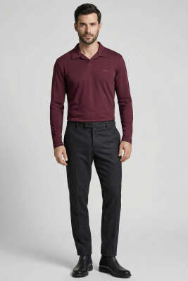 Polo Yaka Uzun Kol Erkek T-shirt Bordo - Erkek T-shirt
