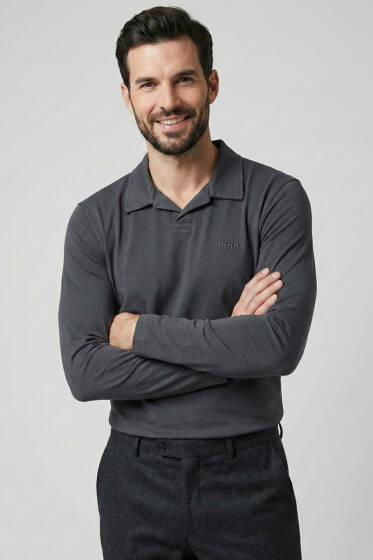 Polo Yaka Uzun Kol Erkek T-shirt Füme - Erkek T-shirt