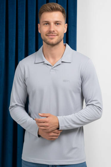 Polo Yaka Uzun Kol Erkek T-shirt Gri - Erkek T-shirt