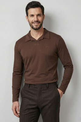 Polo Yaka Uzun Kol Erkek T-shirt Kahve 