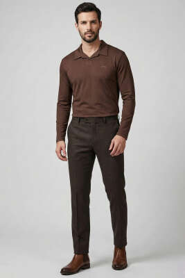 Polo Yaka Uzun Kol Erkek T-shirt Kahve - Erkek T-shirt