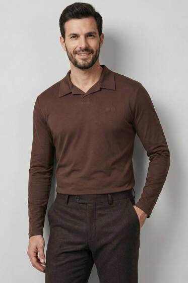 Polo Yaka Uzun Kol Erkek T-shirt Kahve - Erkek T-shirt