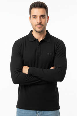 Polo Yaka Uzun Kol Erkek T-shirt Siyah - Erkek Siyah Tişört