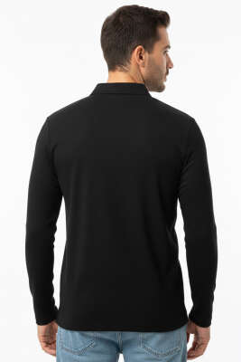 Polo Yaka Uzun Kol Erkek T-shirt Siyah - Erkek Siyah Tişört