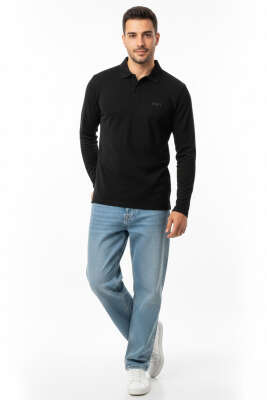 Polo Yaka Uzun Kol Erkek T-shirt Siyah - Erkek T-shirt