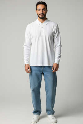 Polo Yaka Uzun Kollu Erkek T-shirt Ekru - Erkek T-shirt