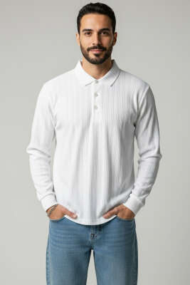 Polo Yaka Uzun Kollu Erkek T-shirt Ekru - HİT TİME