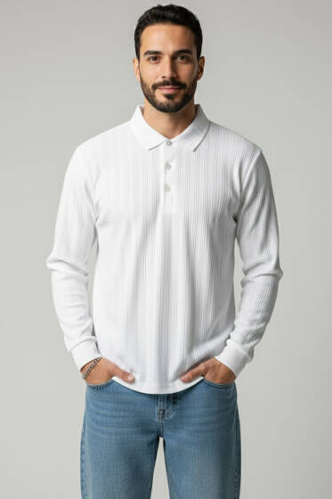 Polo Yaka Uzun Kollu Erkek T-shirt Ekru - Erkek Uzun Kollu Tişört
